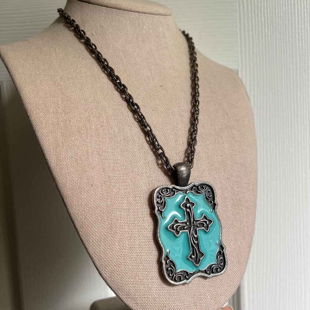 Large Statement Rectangle Cross Pendant Silver To… - image 2